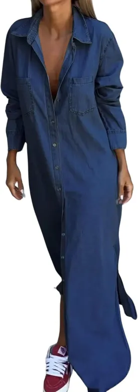 chouyatou Women's Long Sleeve Button Down Denim Maxi Shirt Dress Casual Lapel Side Slit Long Jean Shift Dress