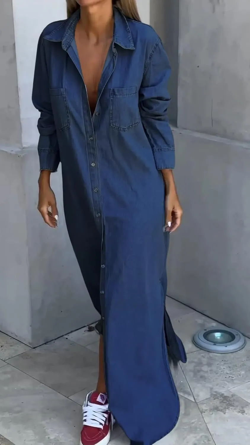 chouyatou Women's Long Sleeve Button Down Denim Maxi Shirt Dress Casual Lapel Side Slit Long Jean Shift Dress