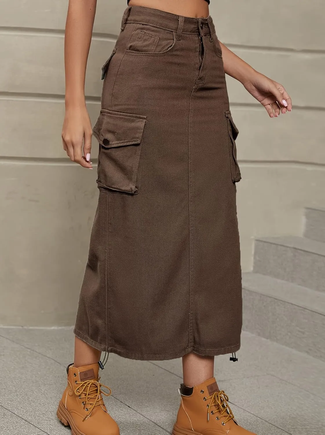 chouyatou Women's Y2K Cargo Skirt Jean Adjustable Casual A-Line Midi Long Denim Skirt
