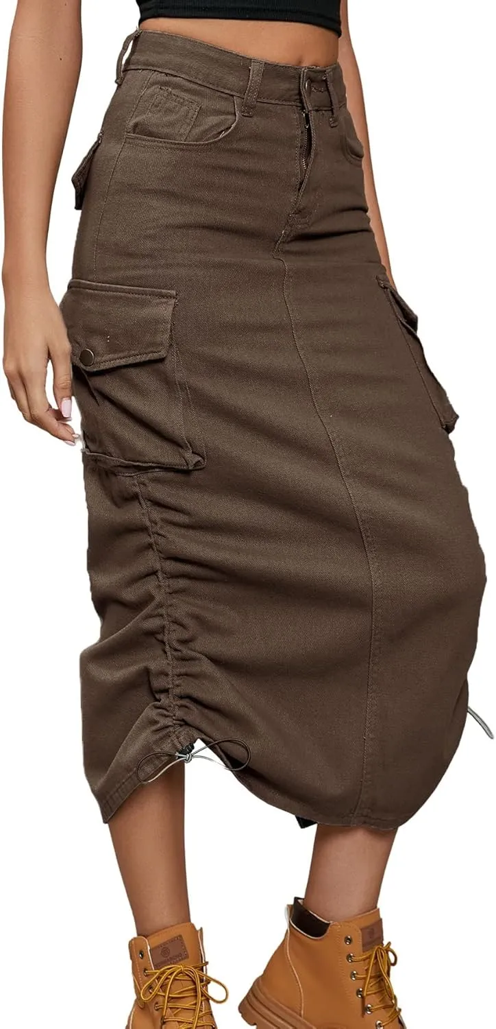 chouyatou Women's Y2K Cargo Skirt Jean Adjustable Casual A-Line Midi Long Denim Skirt