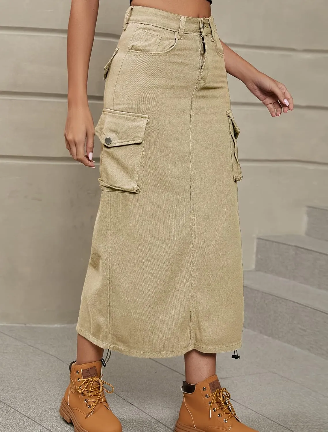 chouyatou Women's Y2K Cargo Skirt Jean Adjustable Casual A-Line Midi Long Denim Skirt
