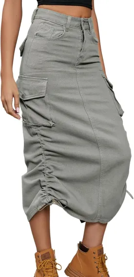 chouyatou Women's Y2K Cargo Skirt Jean Adjustable Casual A-Line Midi Long Denim Skirt