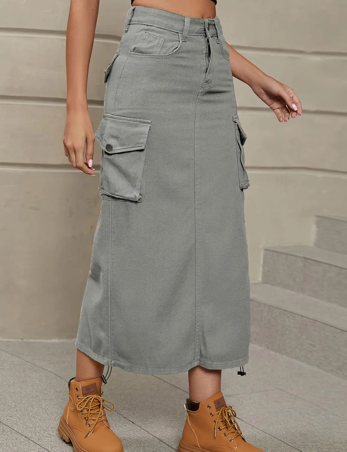 chouyatou Women's Y2K Cargo Skirt Jean Adjustable Casual A-Line Midi Long Denim Skirt