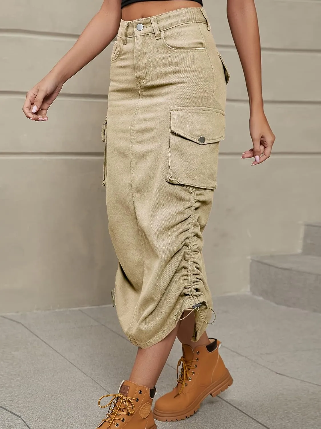 chouyatou Women's Y2K Cargo Skirt Jean Adjustable Casual A-Line Midi Long Denim Skirt