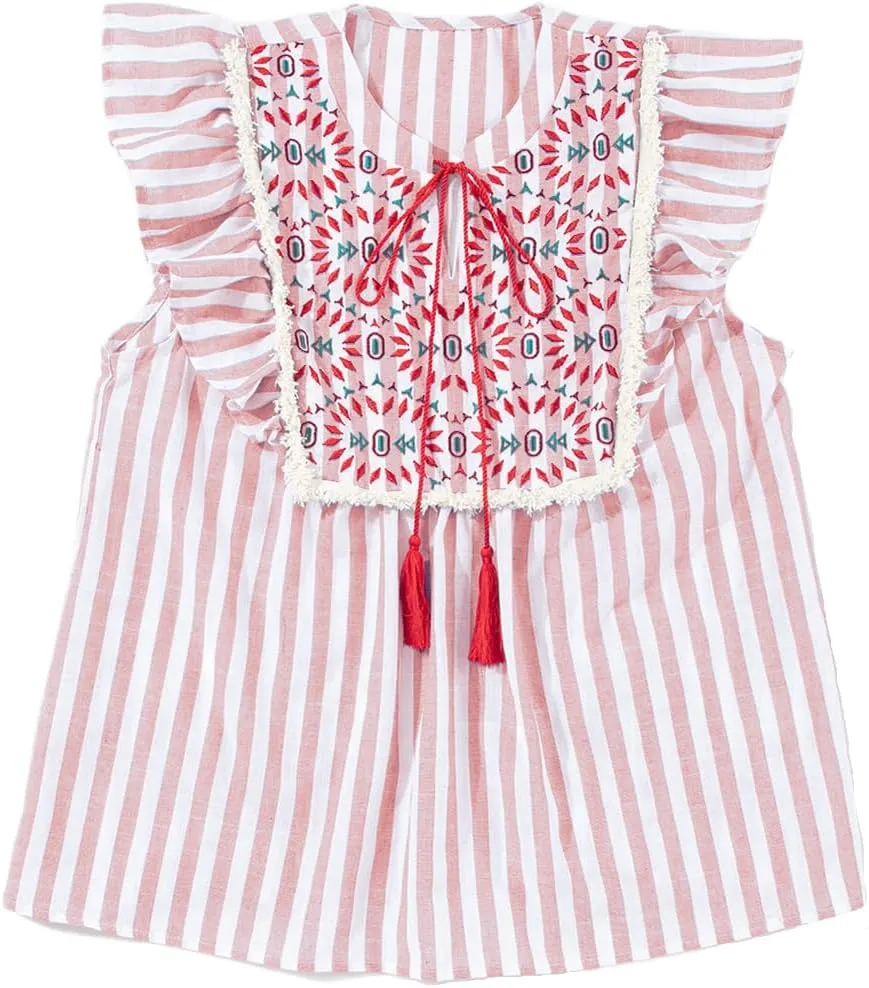 Chvity Women's Embroidered Peplum Tops - Bohemian Stripe Geo Pattern V-Neck 2025 Blouse Shirts with Ruffle Hem & Tassel Tie