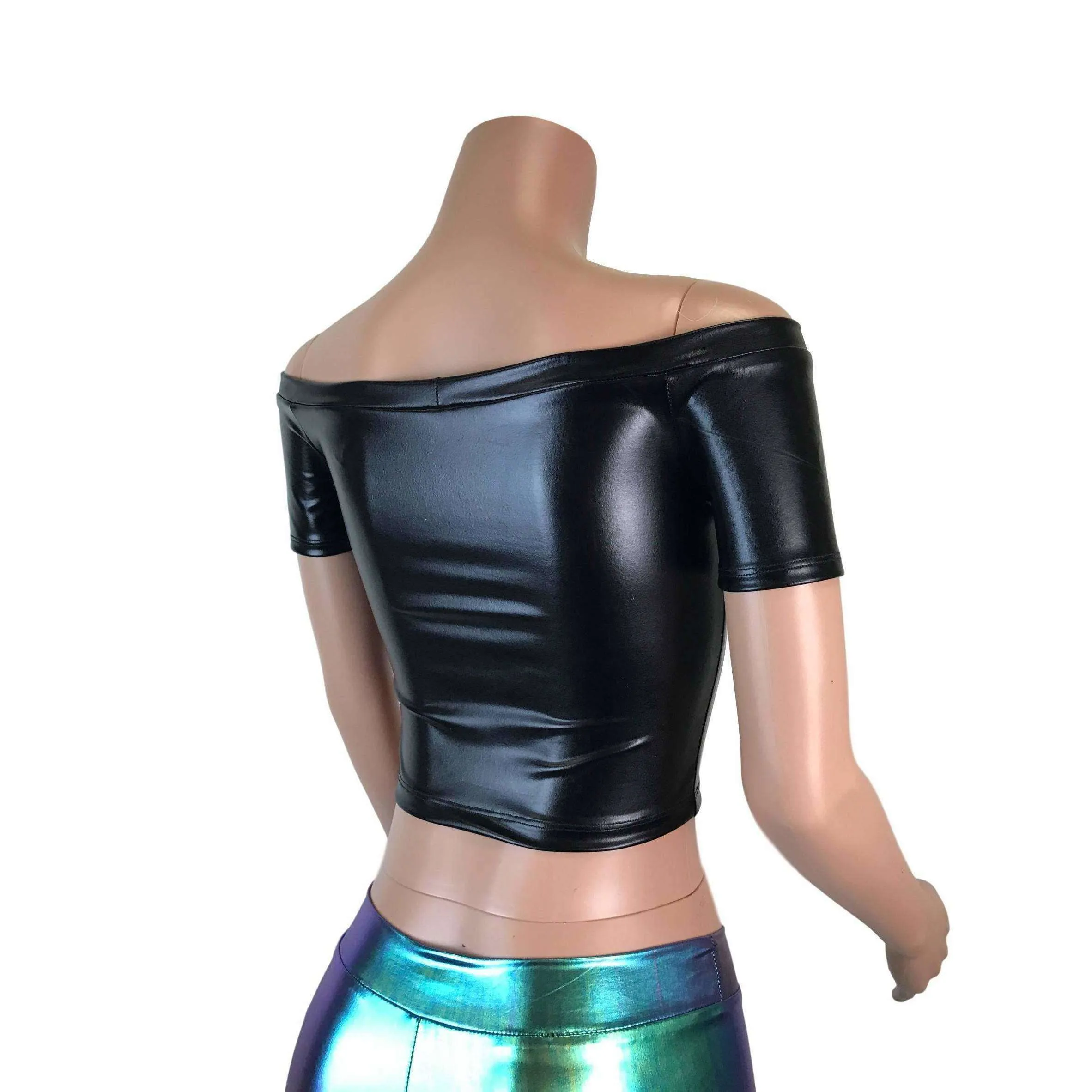 Cold Shoulder Keyhole Top - Black Metallic "Wet Look"