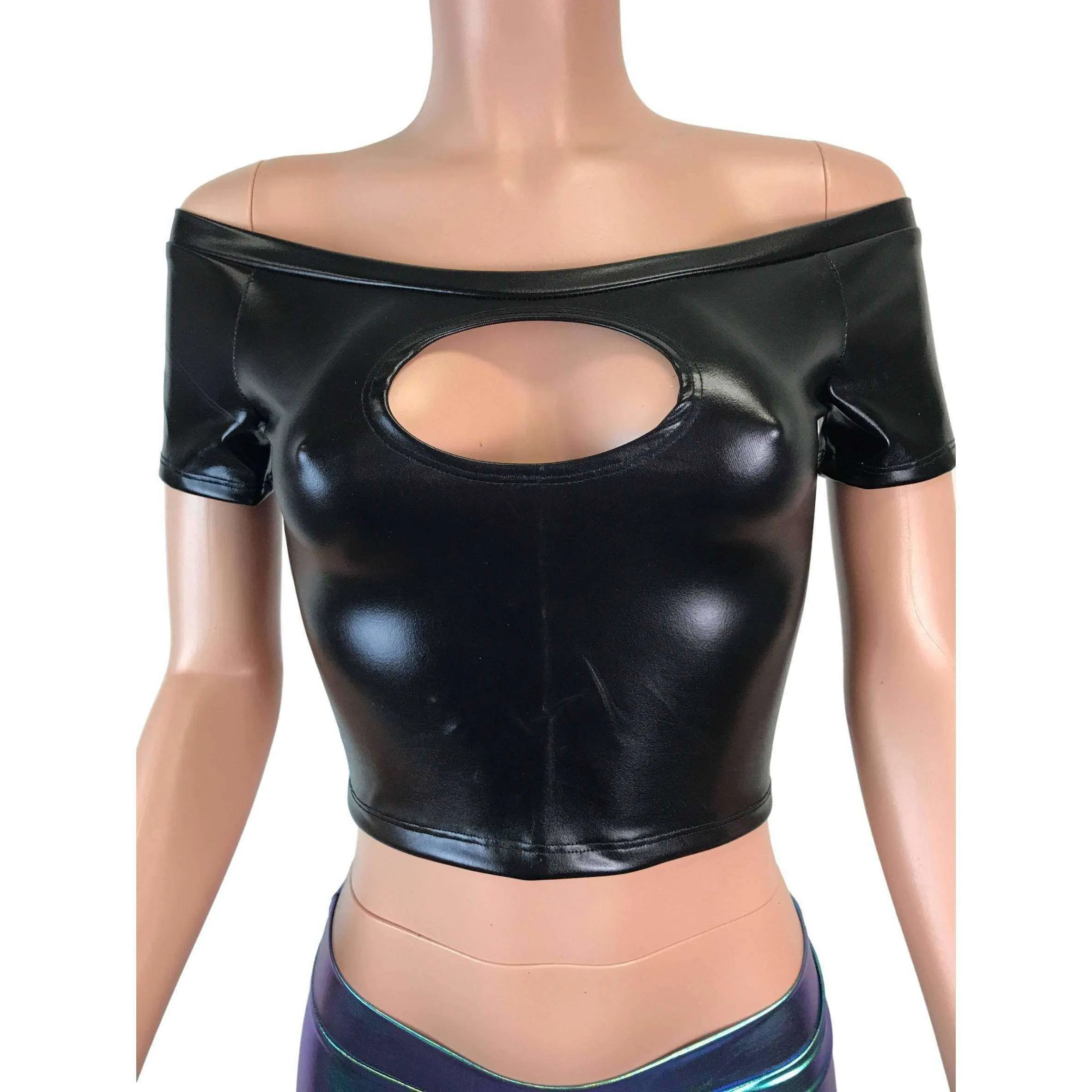 Cold Shoulder Keyhole Top - Black Metallic "Wet Look"