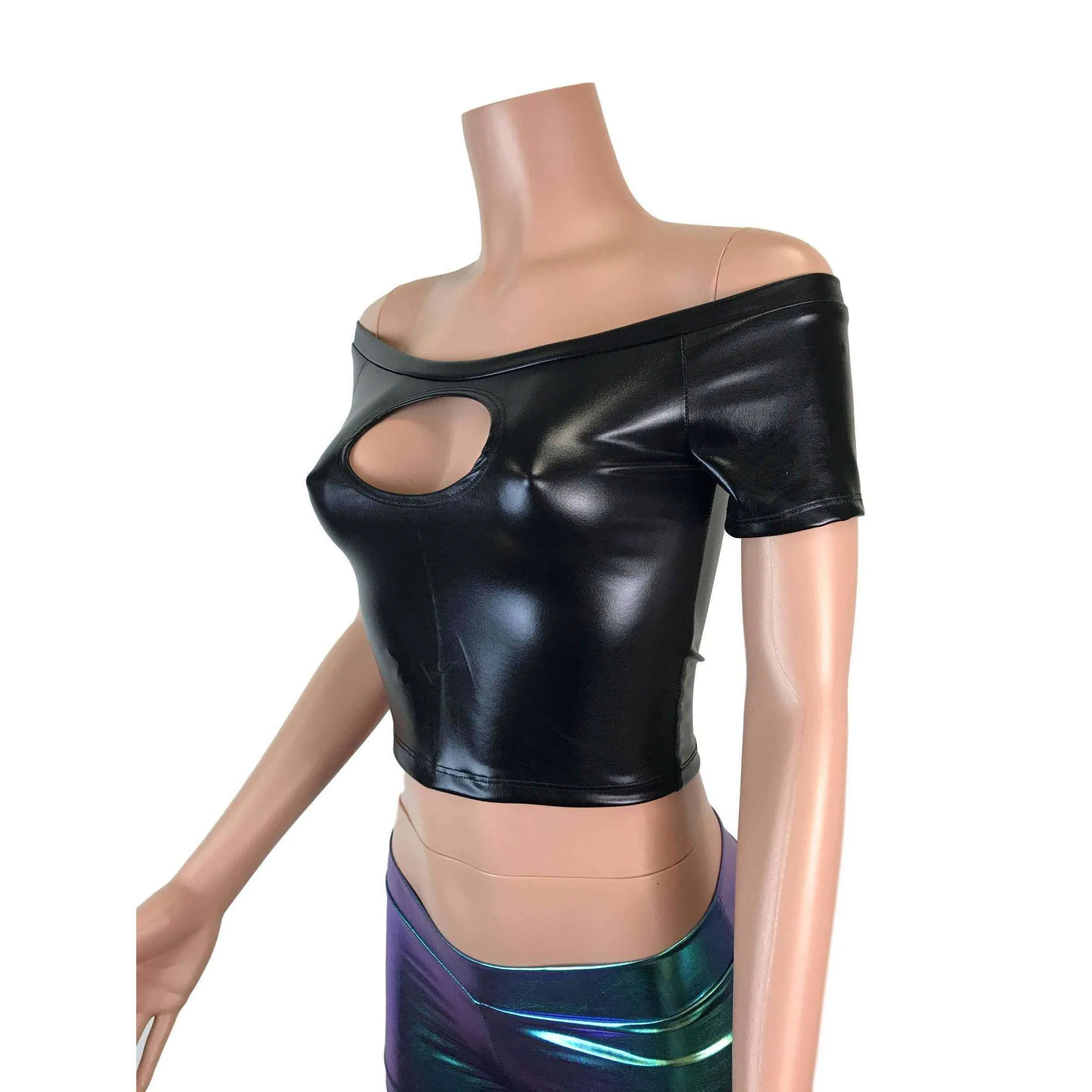 Cold Shoulder Keyhole Top - Black Metallic "Wet Look"