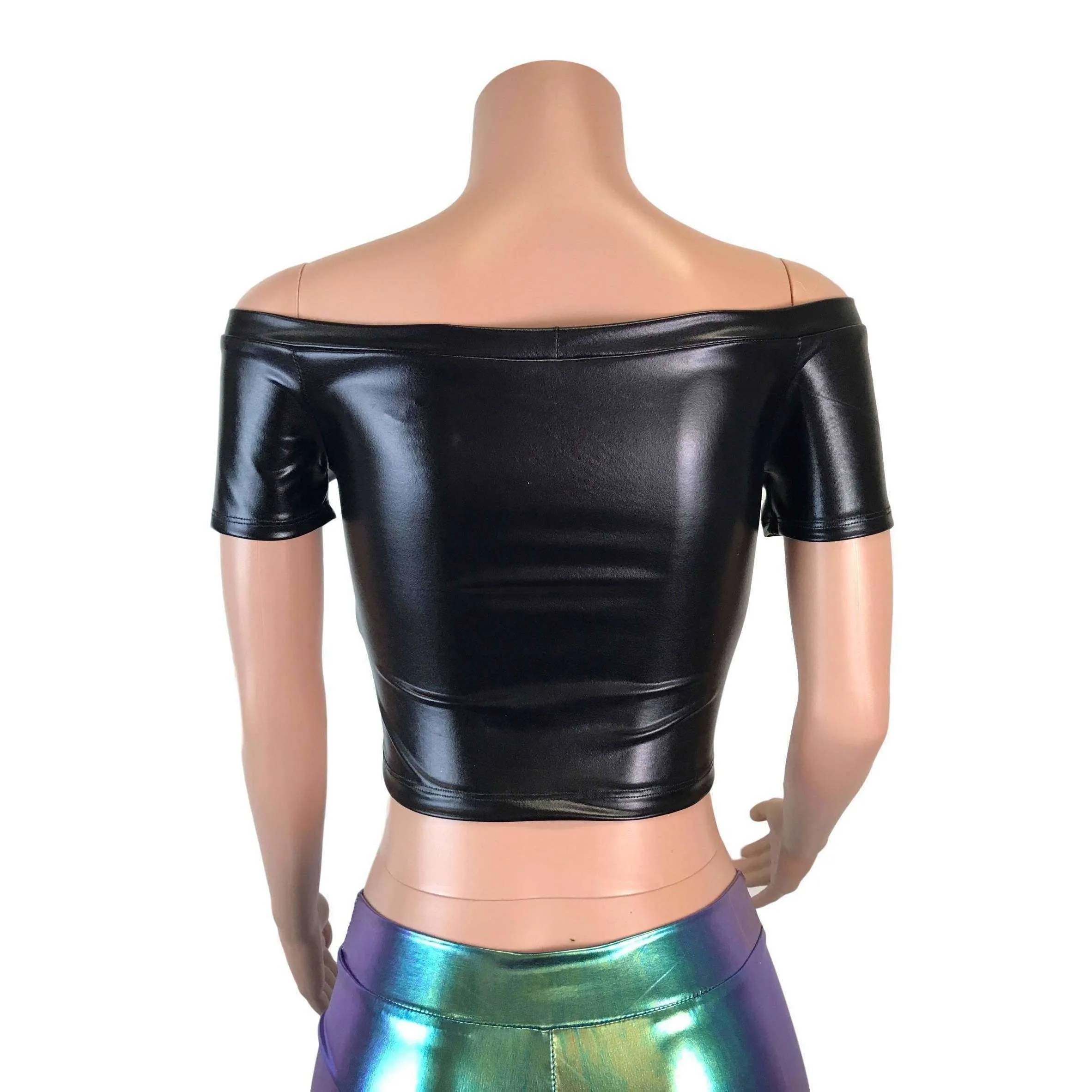 Cold Shoulder Keyhole Top - Black Metallic "Wet Look"