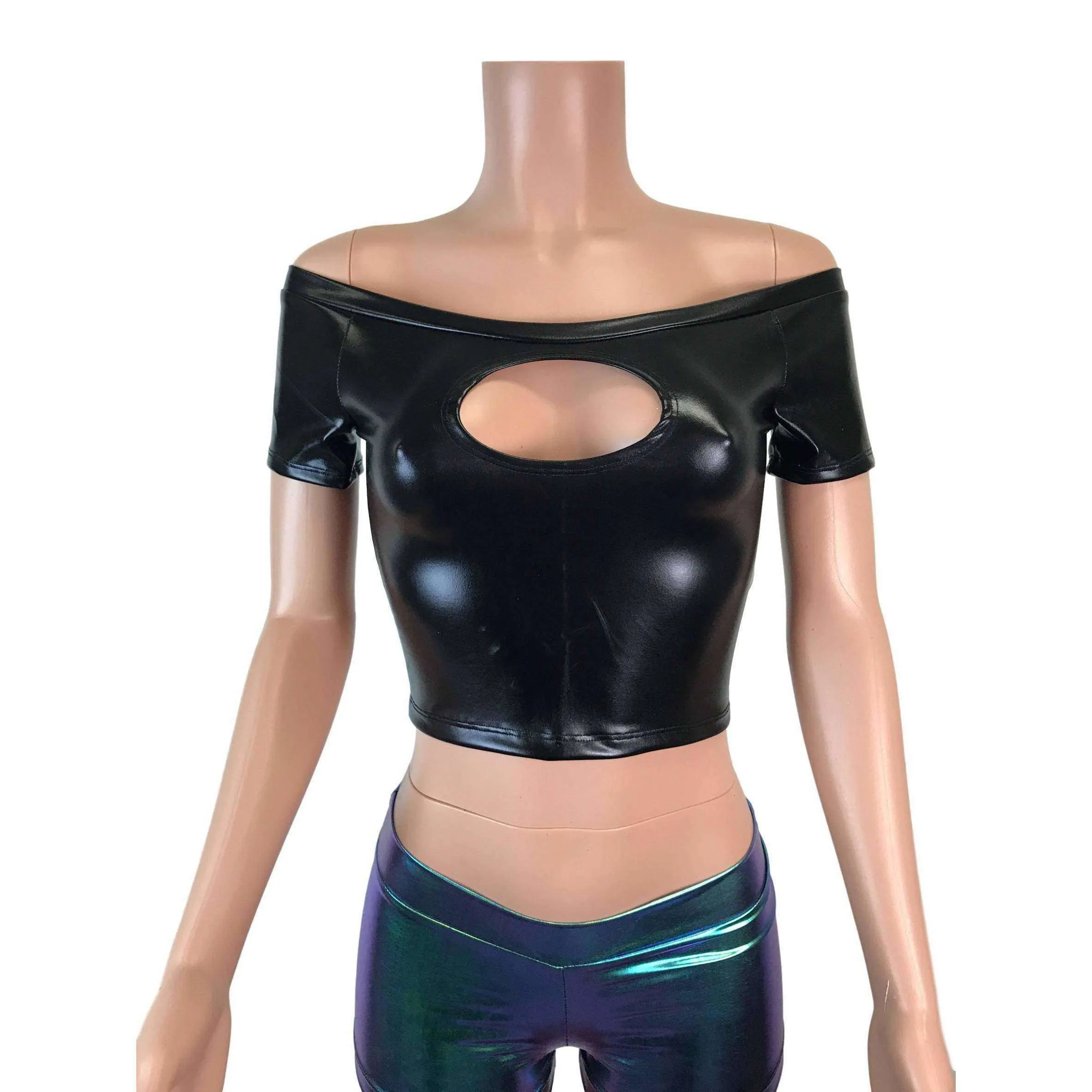 Cold Shoulder Keyhole Top - Black Metallic "Wet Look"