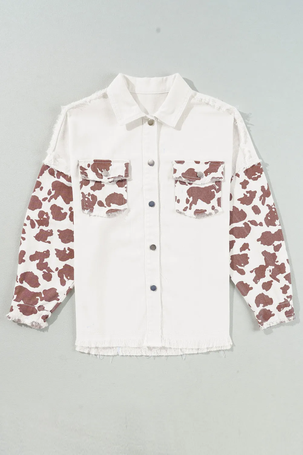 Cow Spot Patchwork Distressed Hem Long Denim Jacket