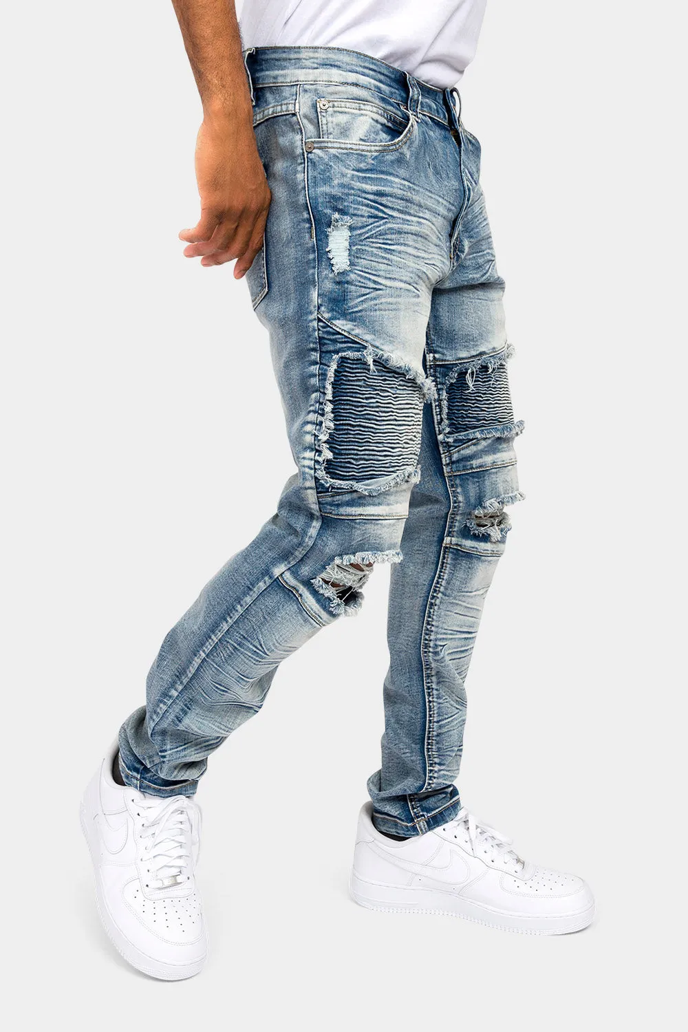 Crease Stacked Biker Denim Jeans