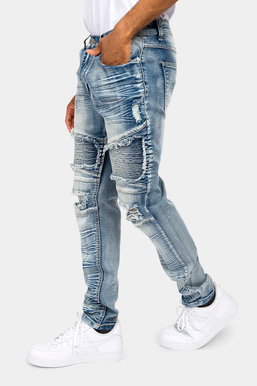 Crease Stacked Biker Denim Jeans