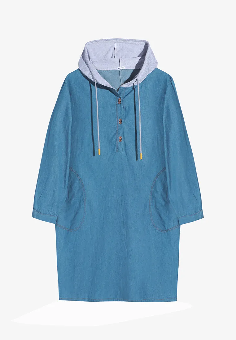 Deidre Denim Hoodie Long Top - Light Blue