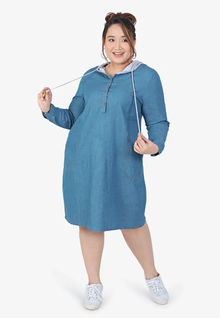 Deidre Denim Hoodie Long Top - Light Blue