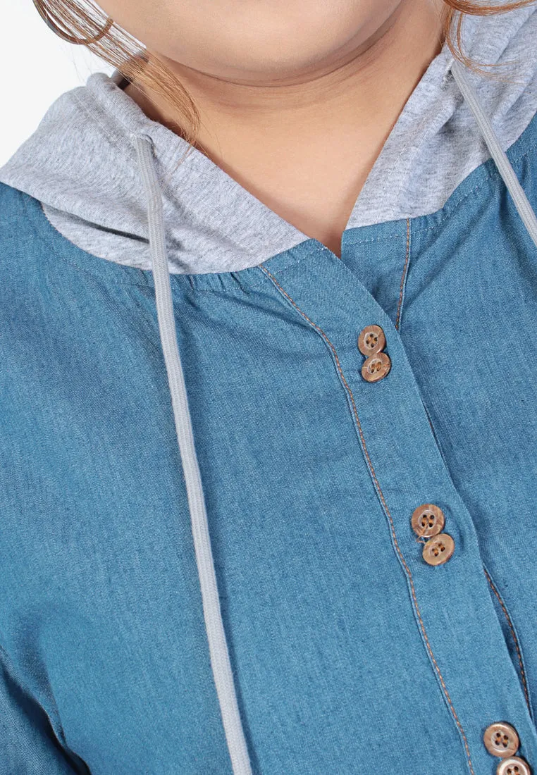 Deidre Denim Hoodie Long Top - Light Blue