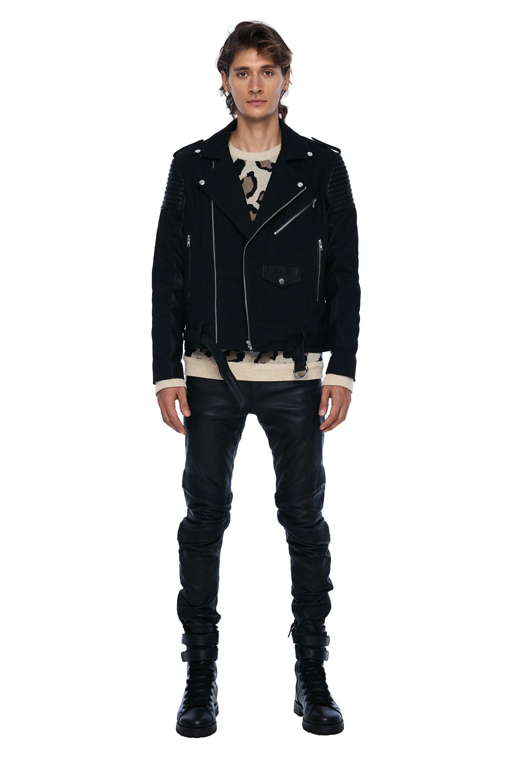 DENIM AND LEATHER BIKER JACKET IN BLACK