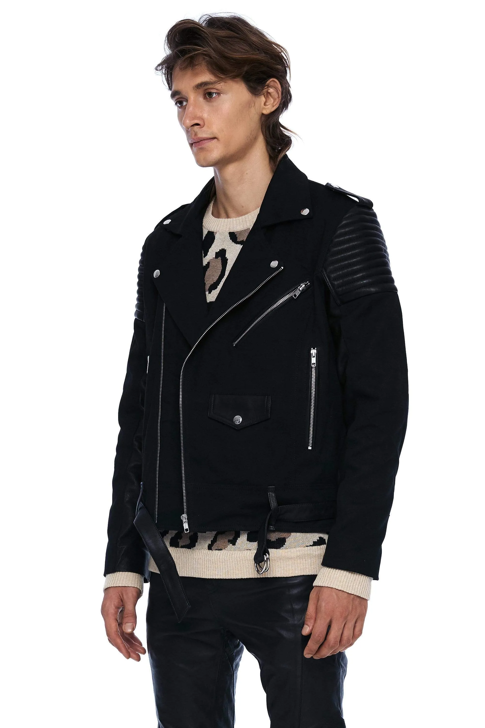 DENIM AND LEATHER BIKER JACKET IN BLACK