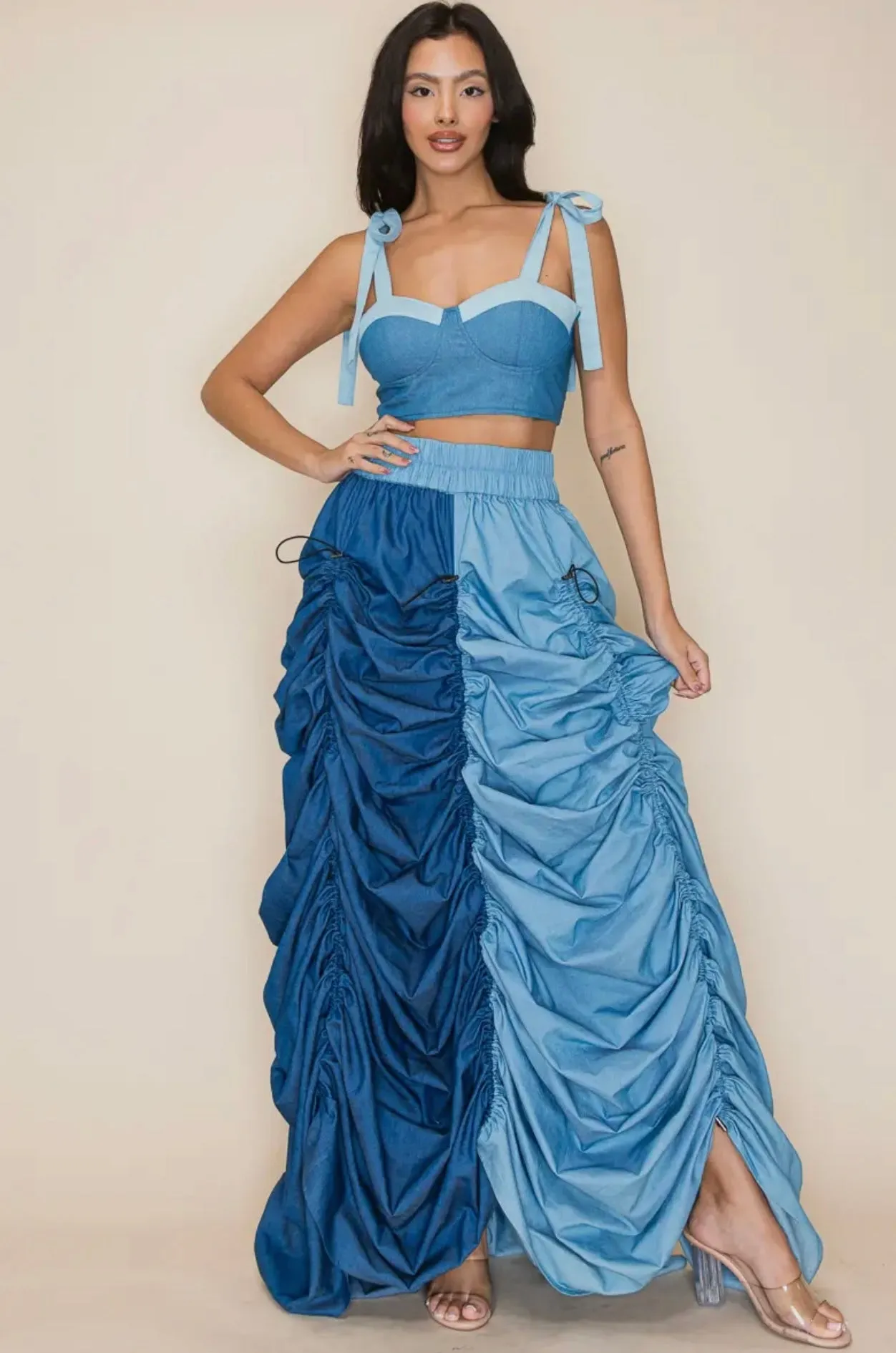 Denim Color Block Maxi Skirt