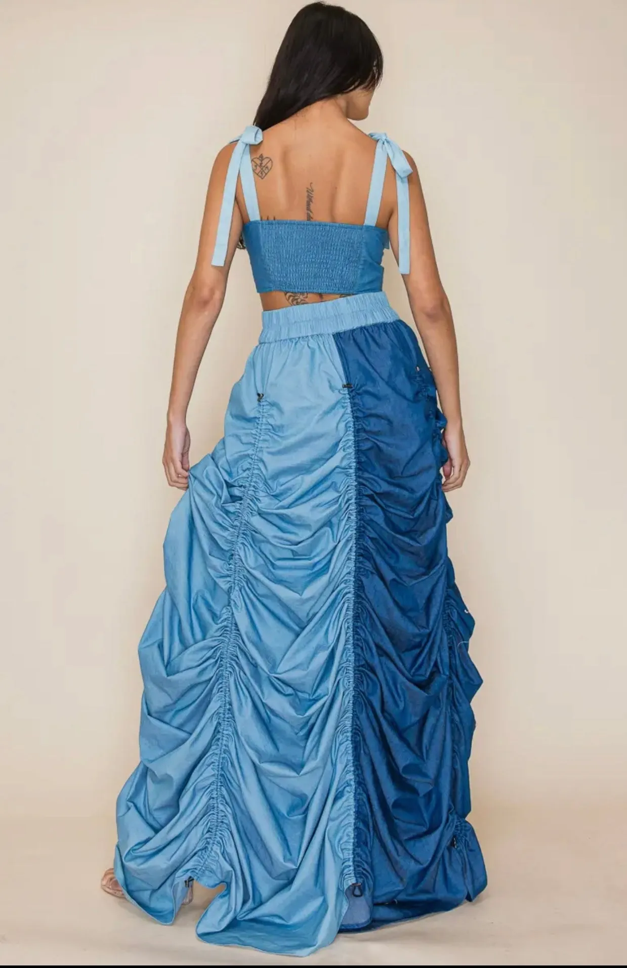 Denim Color Block Maxi Skirt