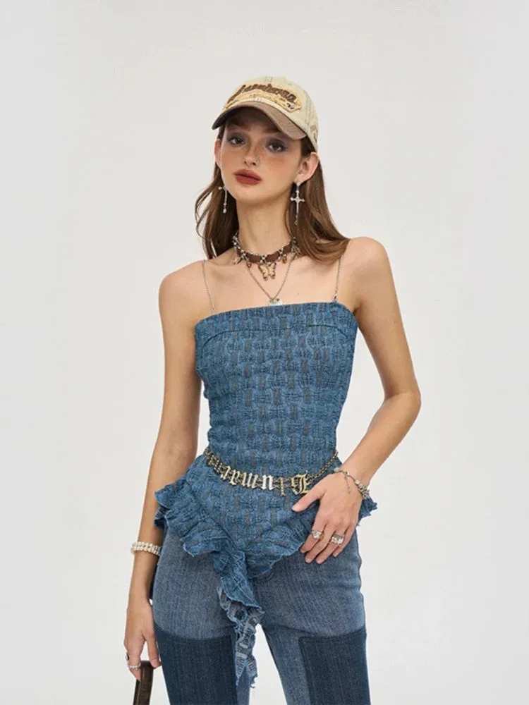 Denim lace tube top【s0000007242】