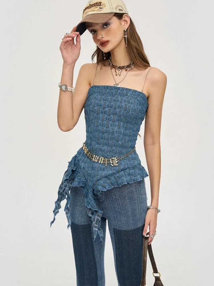 Denim lace tube top【s0000007242】
