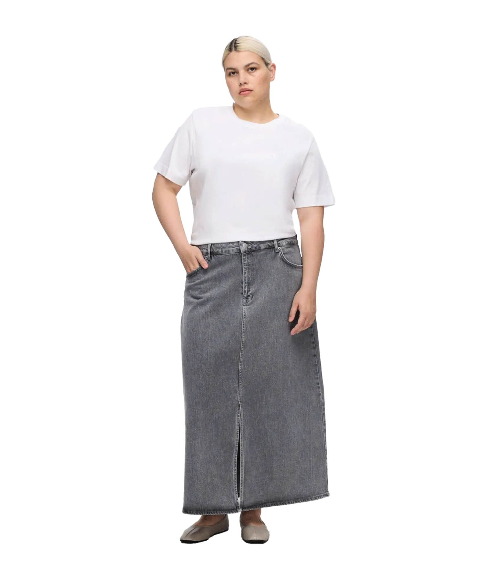 Denim Midi Skirt - Grey
