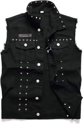 Denim Vest Men Lapel Sleeveless Slim Fit Retro Ripped Casual Jean Vest for Men's