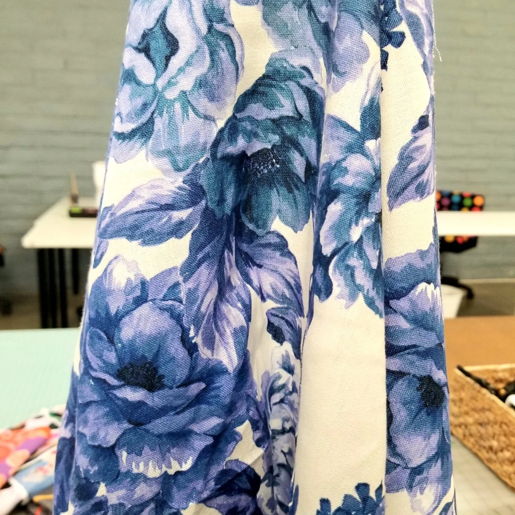 Designer Deadstock European Soft Viscose Cotton Linen Vintage  Blue and Ivory Rose Garden  Woven- by the yard