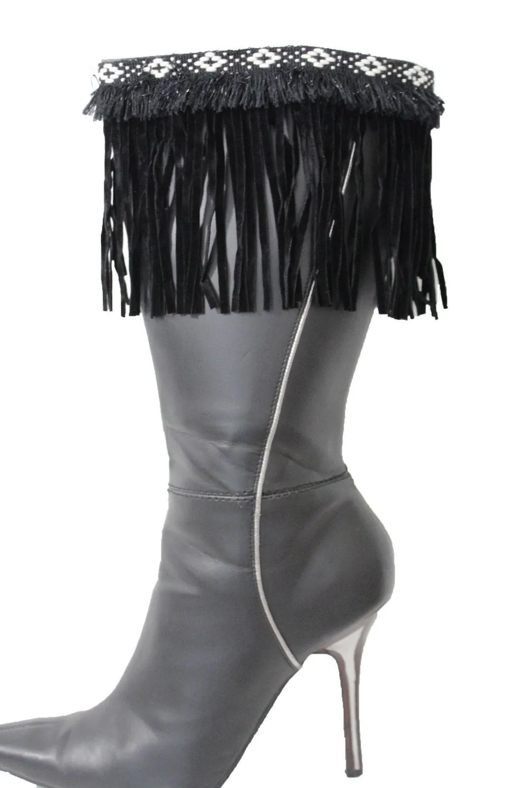 Diamond Accent Pattern Long Fringe Boots Toppers