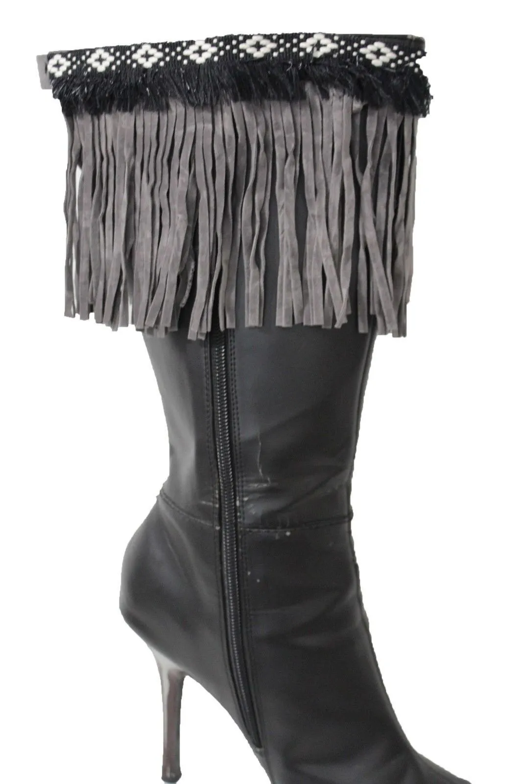 Diamond Accent Pattern Long Fringe Boots Toppers