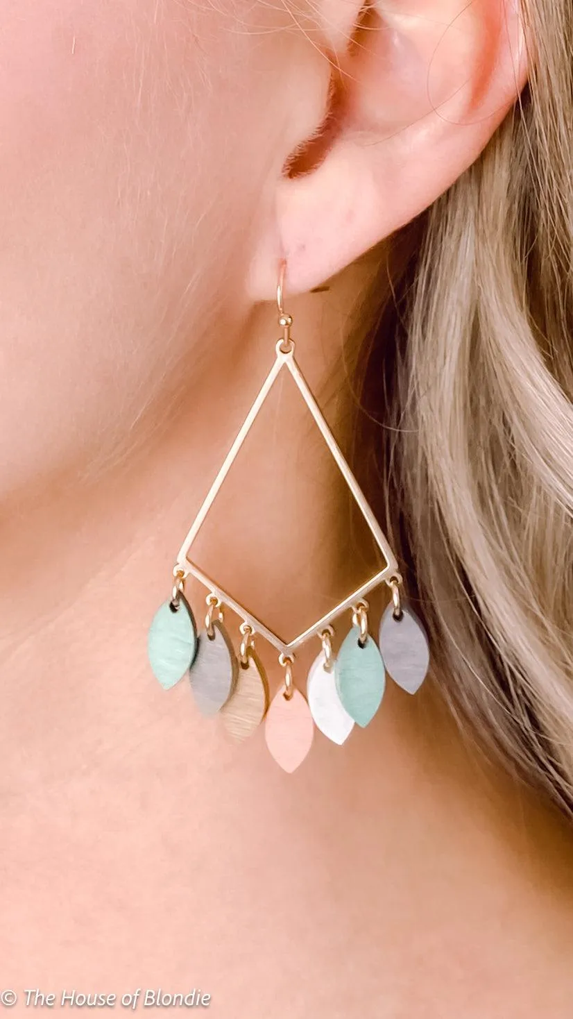 Diamond Shape Wood Leaf Drop Earrings