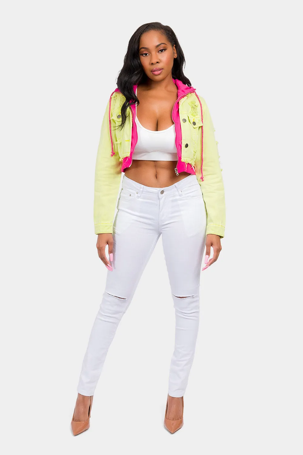 Distressed Layered Hoodie Denim Jacket