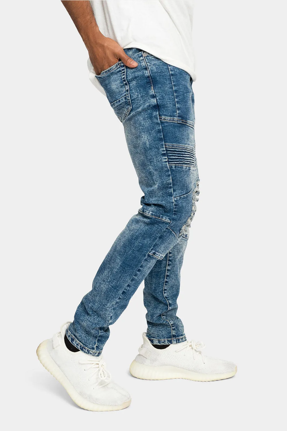 Distressed Stitch Stacked Moto Biker Jeans