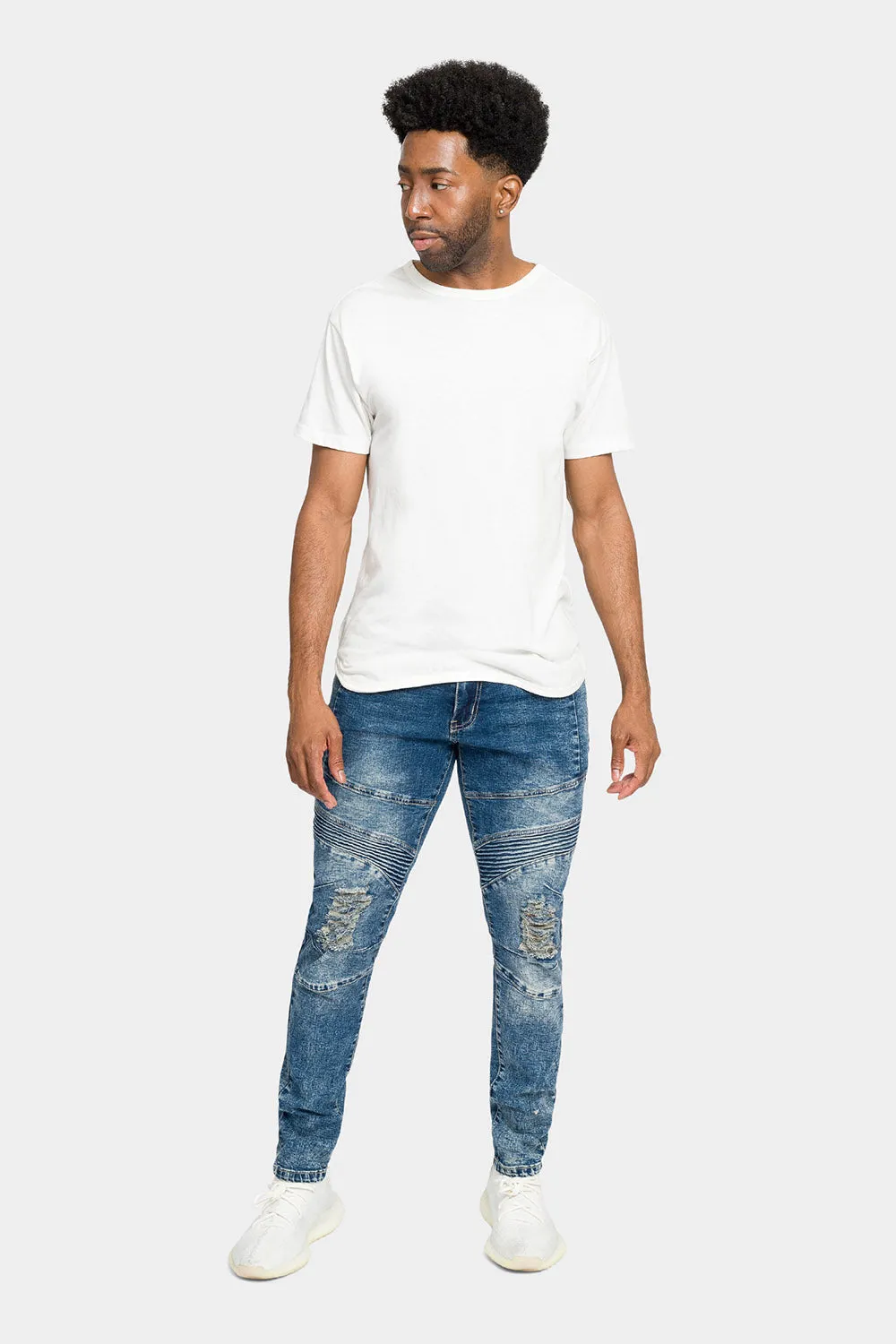 Distressed Stitch Stacked Moto Biker Jeans