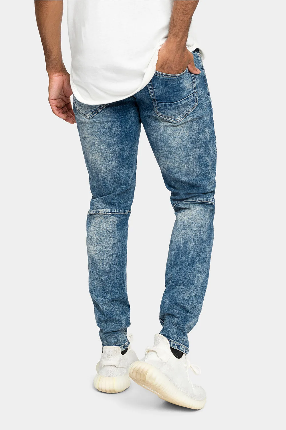 Distressed Stitch Stacked Moto Biker Jeans