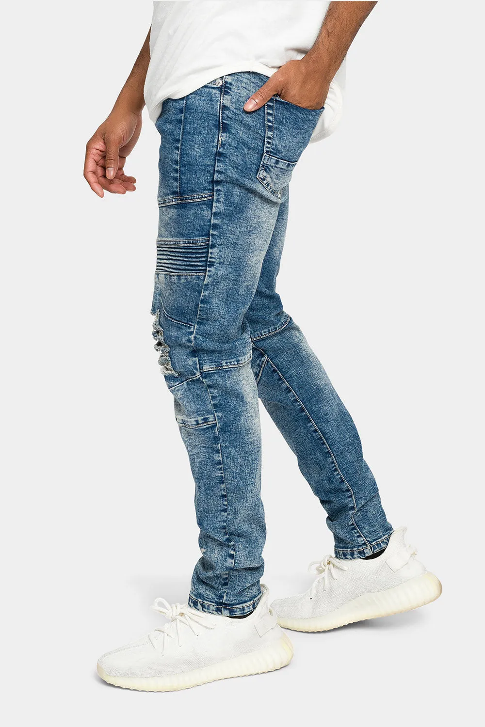 Distressed Stitch Stacked Moto Biker Jeans