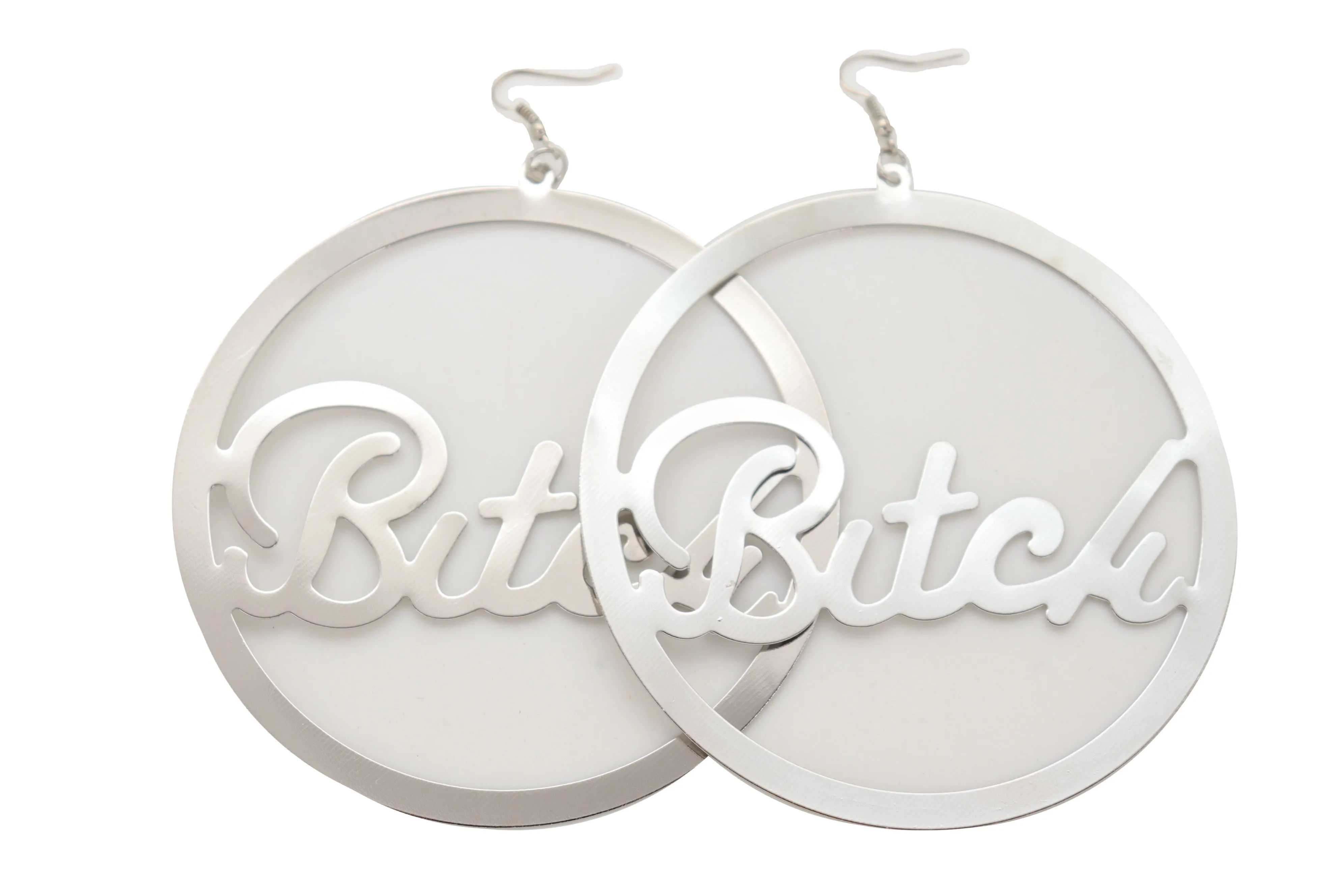 Earrings Set Celebrity Big Hoop Silver Metal BITCH Hip Hop