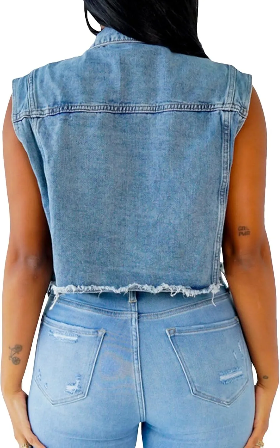ECDAHICC Women's Luscious Bling Denim Vest Embroidered Pearl Sleeveless Button Up Denim Jacket Cropped Jean Vest