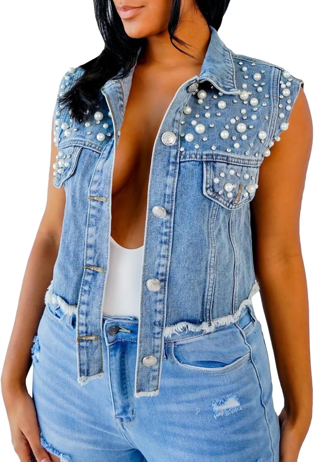 ECDAHICC Women's Luscious Bling Denim Vest Embroidered Pearl Sleeveless Button Up Denim Jacket Cropped Jean Vest