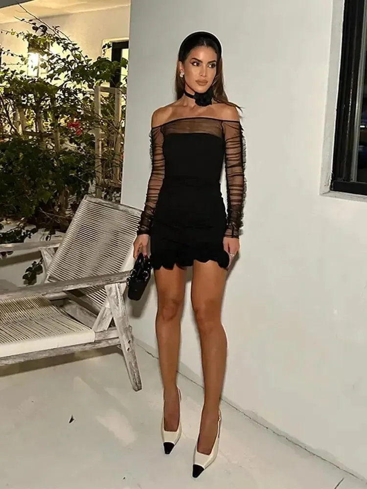 Elegant Sexy Mesh Long Sleeve Dress: Off-Shoulder Pleated Design for Women