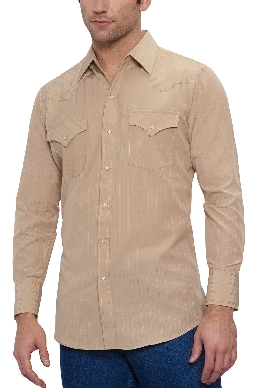 Ely Cattleman Men's Khaki Long Sleeve Solid Tone on Tone Western Snap Shirt