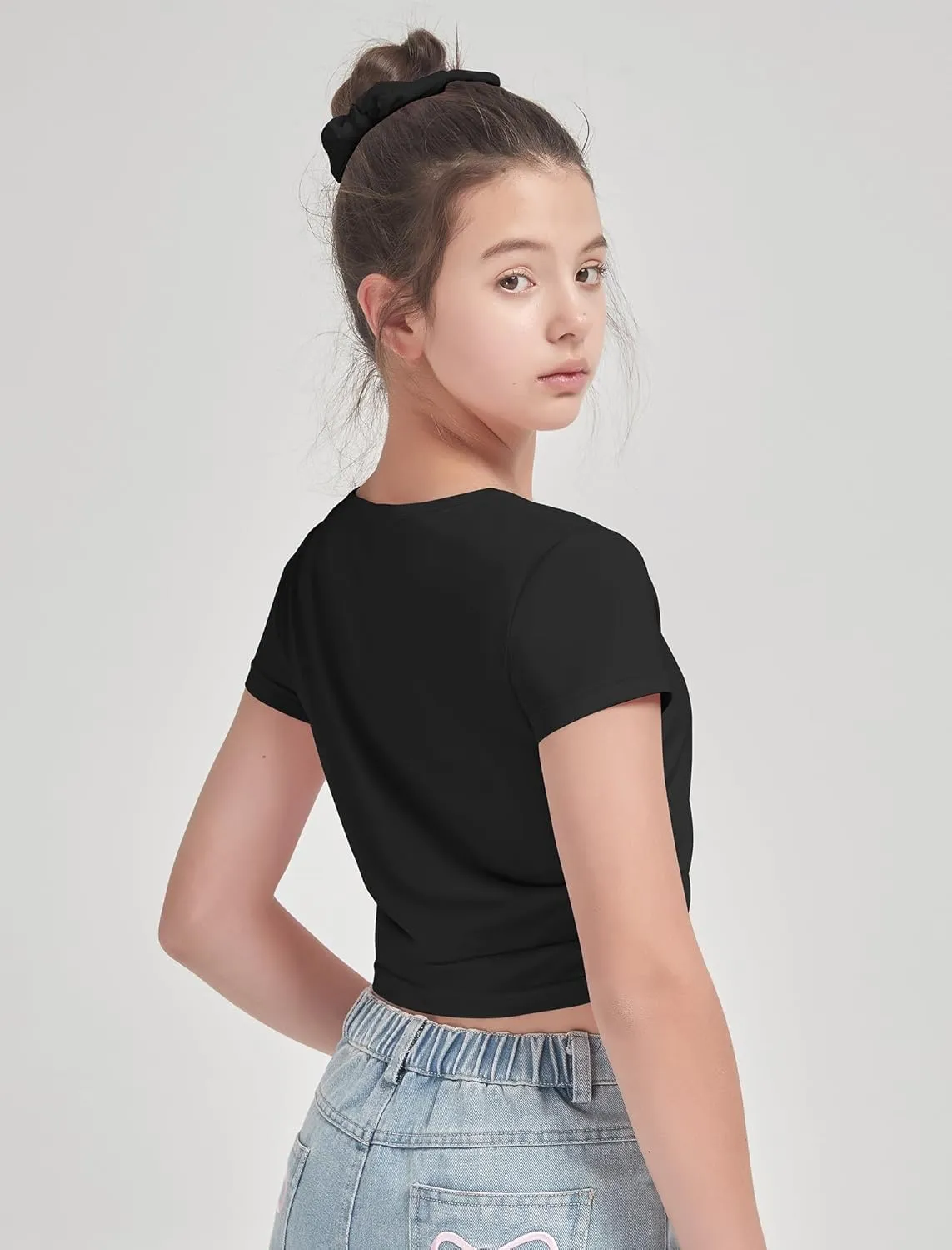 EXARUS 3 Pack Girls Cropped Slim Fit T Shirts Short Sleeve Soft Basic Crew/Mock/Square Neck Tees Side Waist Ruched Tops