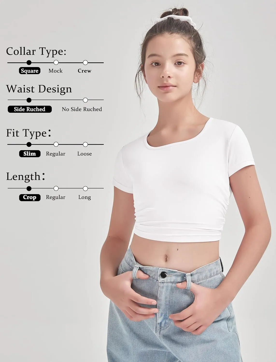 EXARUS 3 Pack Girls Cropped Slim Fit T Shirts Short Sleeve Soft Basic Crew/Mock/Square Neck Tees Side Waist Ruched Tops