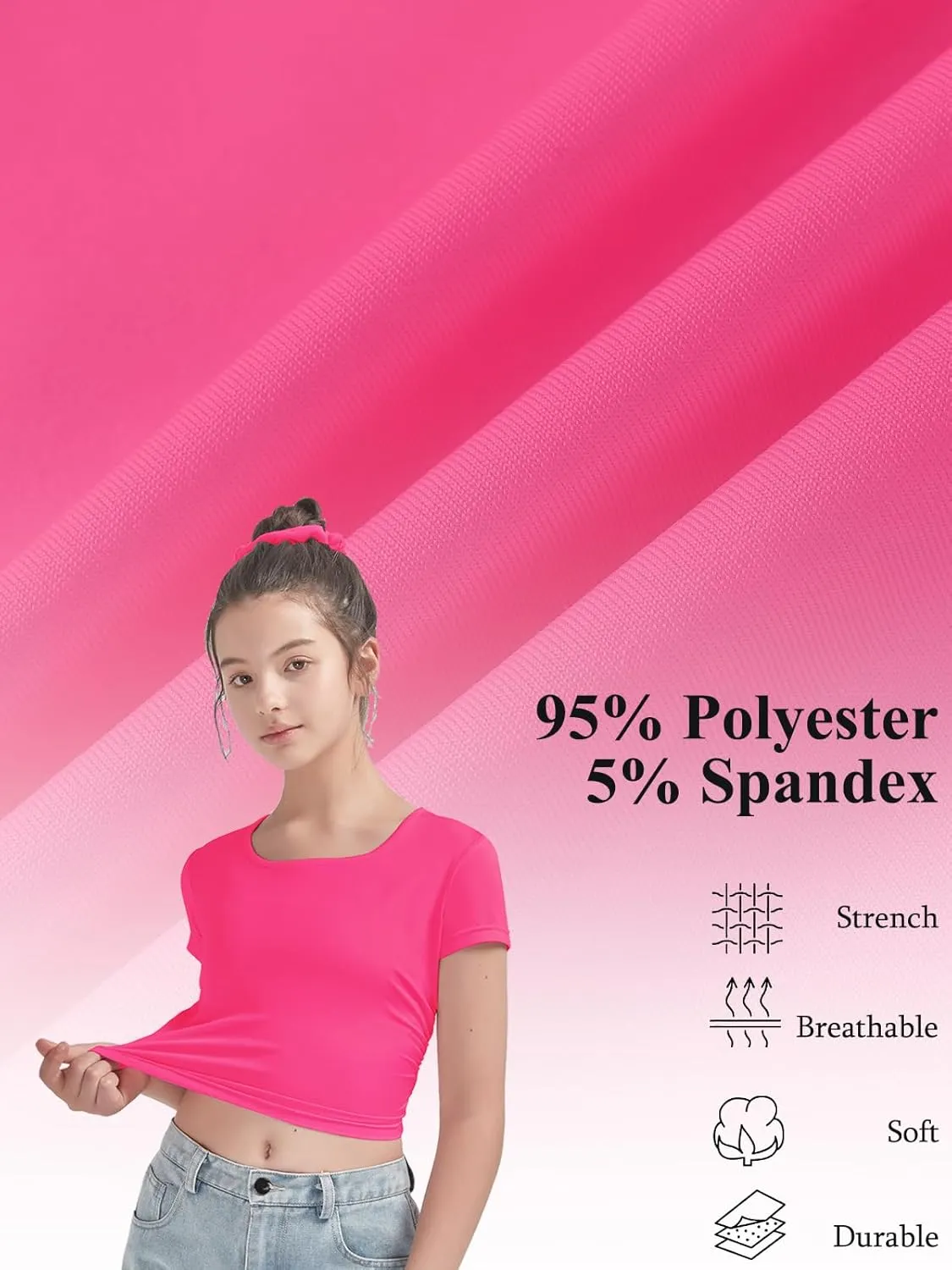 EXARUS 3 Pack Girls Cropped Slim Fit T Shirts Short Sleeve Soft Basic Crew/Mock/Square Neck Tees Side Waist Ruched Tops