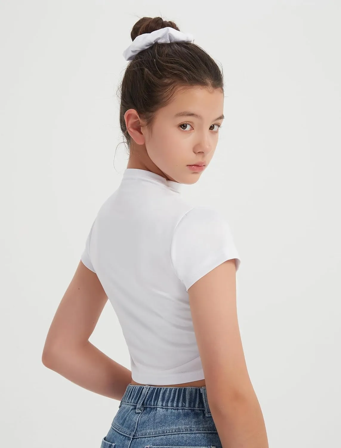 EXARUS 3 Pack Girls Cropped Slim Fit T Shirts Short Sleeve Soft Basic Crew/Mock/Square Neck Tees Side Waist Ruched Tops