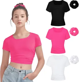 EXARUS 3 Pack Girls Cropped Slim Fit T Shirts Short Sleeve Soft Basic Crew/Mock/Square Neck Tees Side Waist Ruched Tops