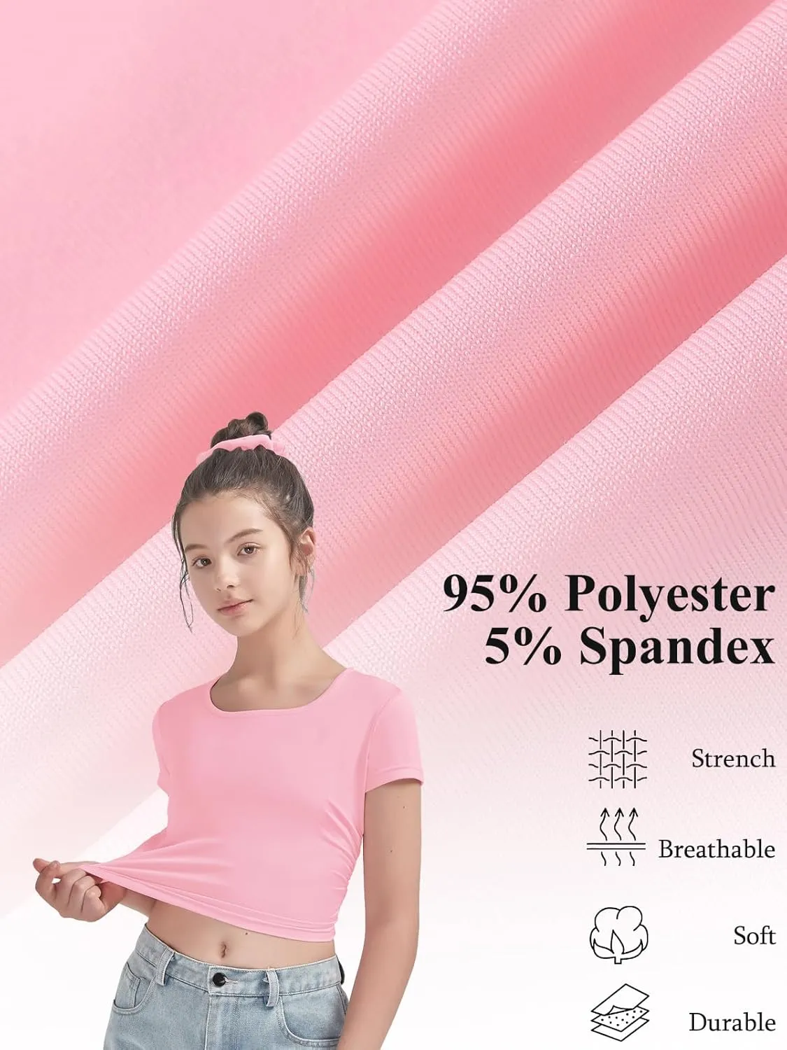 EXARUS 3 Pack Girls Cropped Slim Fit T Shirts Short Sleeve Soft Basic Crew/Mock/Square Neck Tees Side Waist Ruched Tops
