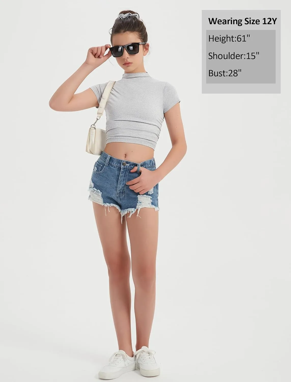 EXARUS 3 Pack Girls Cropped Slim Fit T Shirts Short Sleeve Soft Basic Crew/Mock/Square Neck Tees Side Waist Ruched Tops