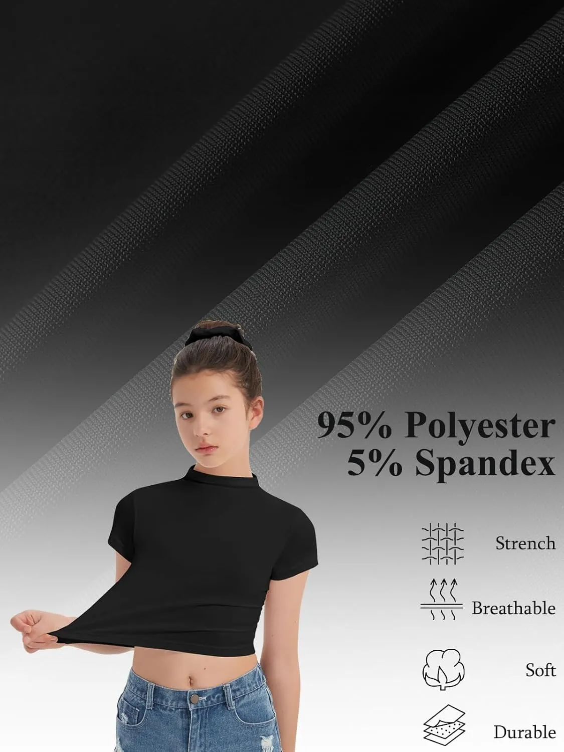 EXARUS 3 Pack Girls Cropped Slim Fit T Shirts Short Sleeve Soft Basic Crew/Mock/Square Neck Tees Side Waist Ruched Tops